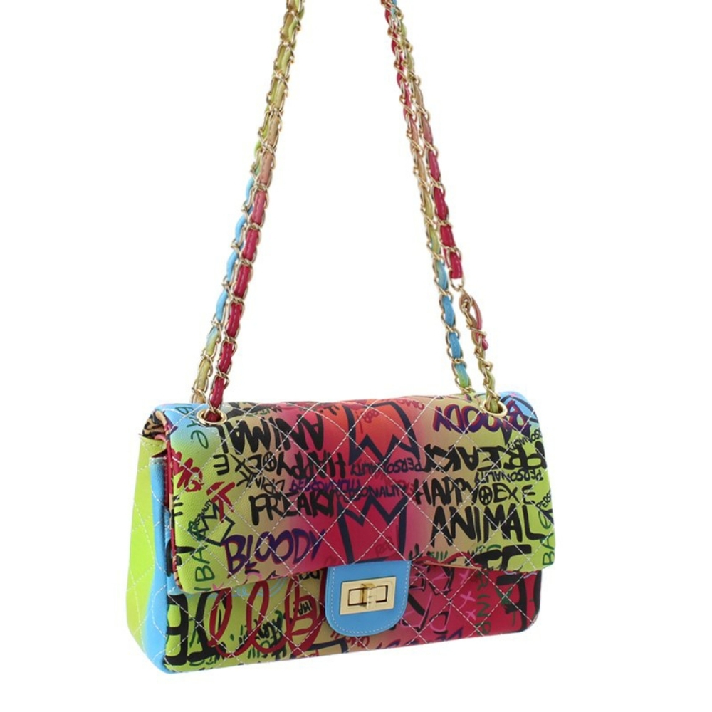 Faux Leather Graffiti Messenger Bag